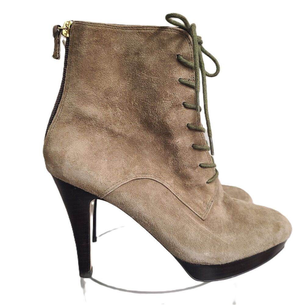 Franco‎ Sarto High Heel Suede Ankle Boots 6.5 Lace Up Beige Zip Up Quiet Luxury